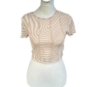 Divided Creamy Tan Swril Stripe Mesh See Through Crop Top Shirt NWT Small